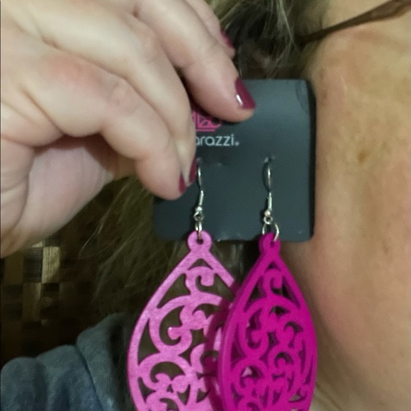 Swirly wooden earrings; 3 pairs, same pink color, looks hot pink / fuschia. - Picture 2 of 2